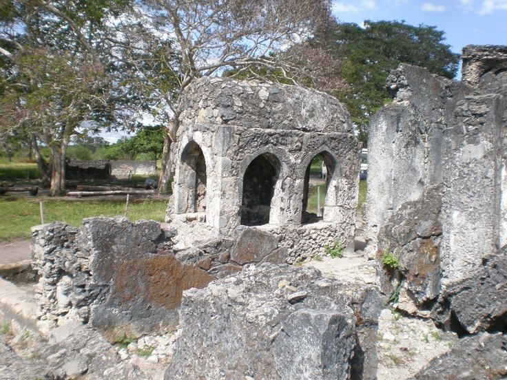 The ancient coral stone architecture and structural pillars of the 13th century Kaole Ruins near Bagamoyo