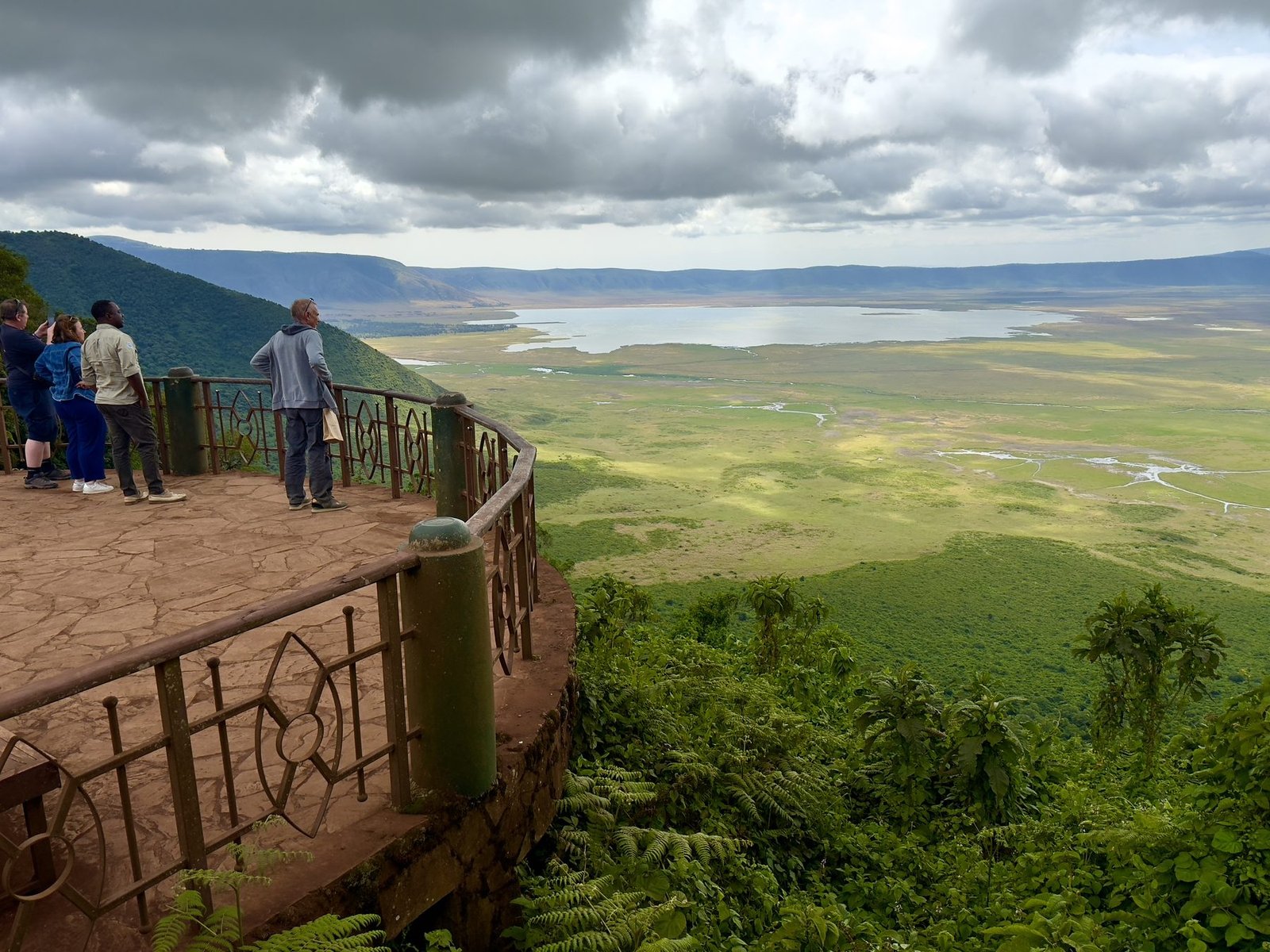 Rare black rhinoceros grazing near the lake shorebed inside Ngorongoro Crater