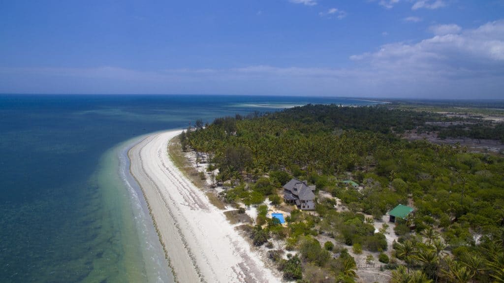 Beautiful uncrowded white sand beach shoreline with palm trees and turquoise ocean water in Pangani