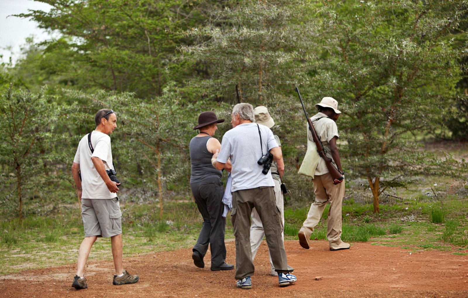Trekkers embarking on an early morning guided walking safari track with an armed ranger